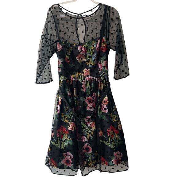 City Chic Poppy Spot Dress Floral with Polka Dot Mesh Overlay Black Multi 16 - Picture 10 of 10